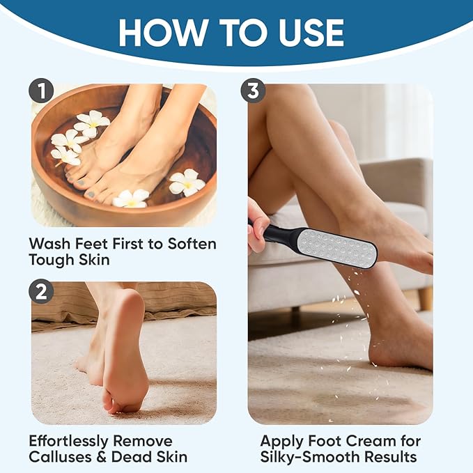 TEAWOO Double Sided Foot File and Callus Remover, Stainless Steel Waterproof Foot Scraper and Foot Rasp for Dead Skin & Hard Heels, 2-in-1 Pedicure Tools for at Home Foot Care