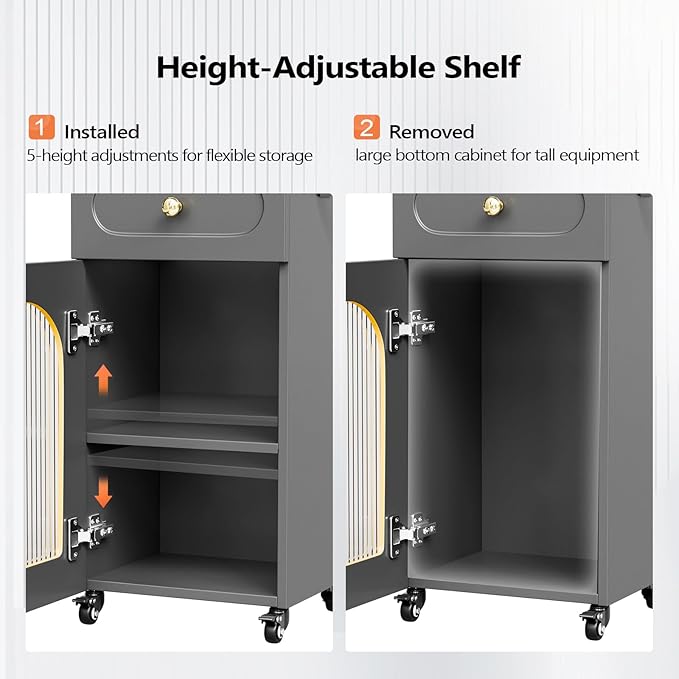 OmySalon Salon Cart with Wheels, 3-Tier Rolling Beauty Cart with Glass Door & Dryer Holder, Mobile Hair Styling Station for Barber, Spa, Esthetician, Nail & Tattoo Artists, Lockable Storage, Grey