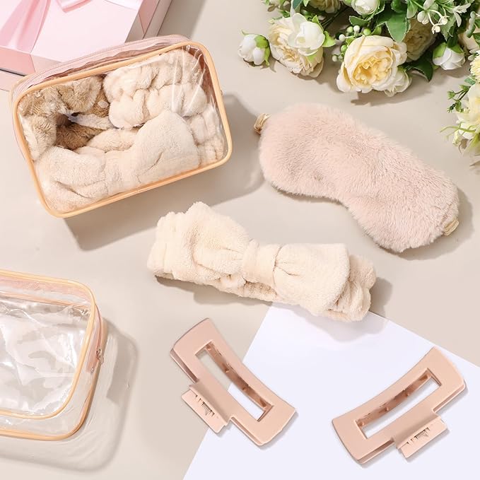 Hoteam 24 Pcs Spa Party Favors Supplies 6 Spa Headband 6 Plush Sleep Eye Mask 6 Hair Claw Clips 6 Clear Cosmetic Bags for Adult Sleepover Slumber Party Graduation Gift(Beige)