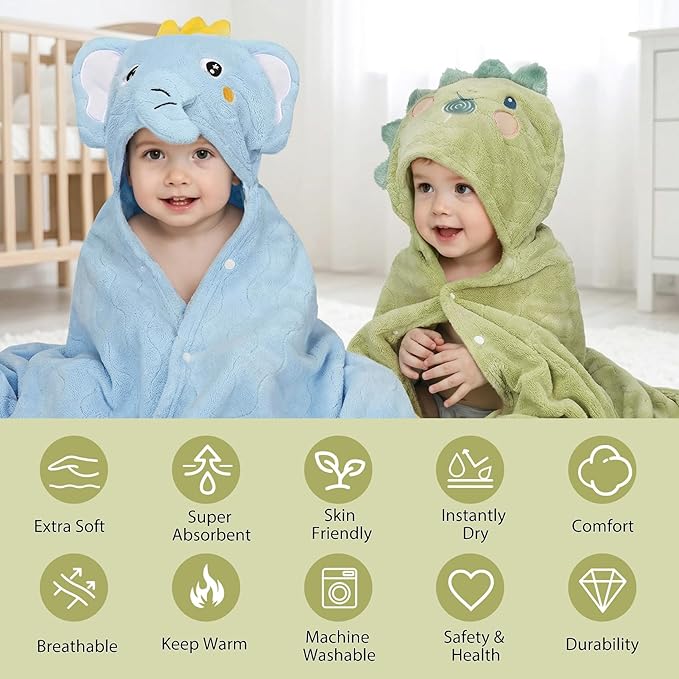 6 PCS Toddler Bath Towel Set for Boy Girl 0-5 Year, 2 PCS Thick Absorbent Hooded Baby Bath Towels Large 55" x 27.5" & 4 PCS Washcloths, Ultra Soft Gifts for Infant, Toddler, Kids, Dinosaur & Elephant