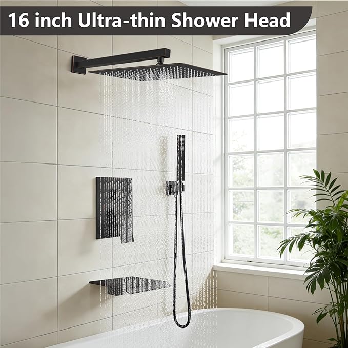 Midanya Shower System with Tub Spout,Bathtub Shower Faucet Set with Square Rainfall Head and Handheld Sprayer Wall Mount Tub Faucet Set with Valve and Trim Kit,16 Inch Oil Rubbed Bronze