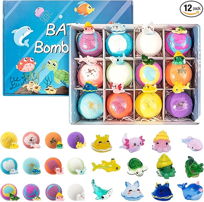 Bath Bombs for Kids, 12 Pcs Bath Bombs with Surprise Ocean Toys Inside, Skin-Friendly Bathing Kit for Easter Basket Essentials, Birthday Christmas Halloween