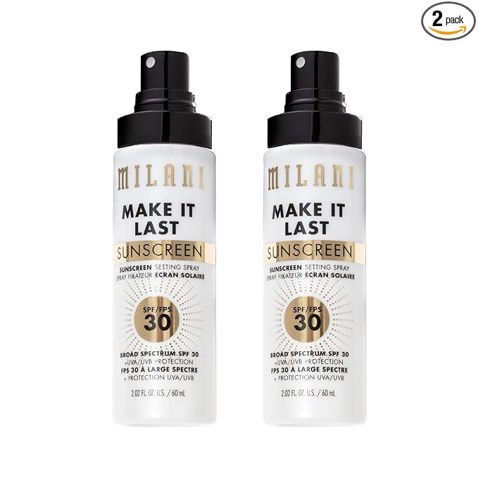 Milani Sunscreen Setting Spray + Primer, Make It Last Sunscreen for Face- SPF 30 UVA & UVB Protection Antioxidant Rich Formula for Broad Spectrum Protection, Prime + Set + Protect, 2.02Fl. Oz - 2 Pack