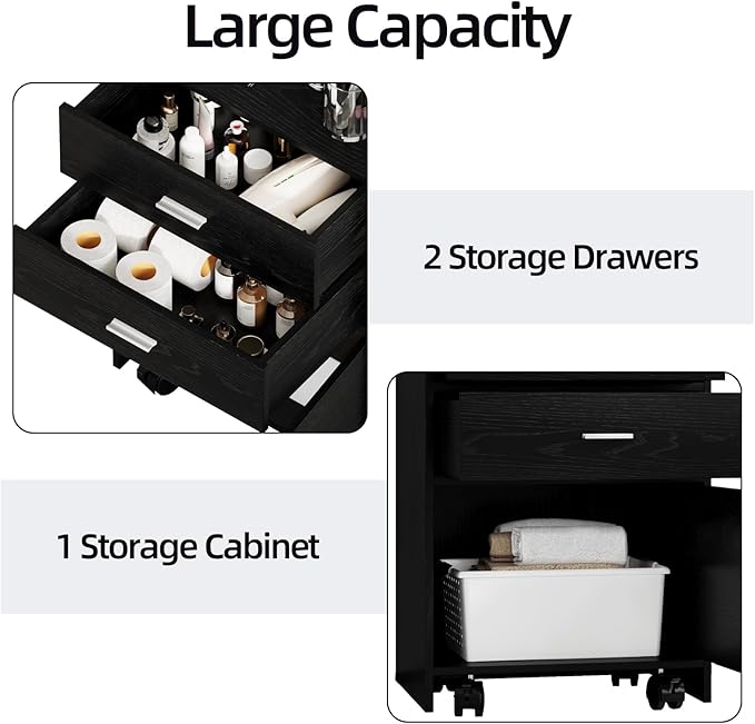 4ever2buy Salon Station for Hair Stylist, Black Beauty Barber Station, Salon Trolley Cart with Wheels, Mobile Organizer for Salon, Spa, Barbershop, Nail & Beauty Tools, Black