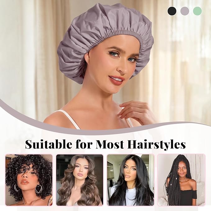 3Pcs Waterproof Shower Caps for Women, Reusable Shower Cap for Long Hair, Comfortable Bath Cap for Thick Curly Hair