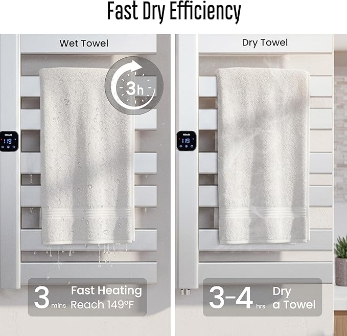 Towel Warmer, Heated Towel Rack with Built-in Timer and Temperature Control,Hard-Wired(Left-Wiring)/Plug-in Wall-Mounted Towel Rail, Aluminum, 18.8" W X 34.64" H, Silver