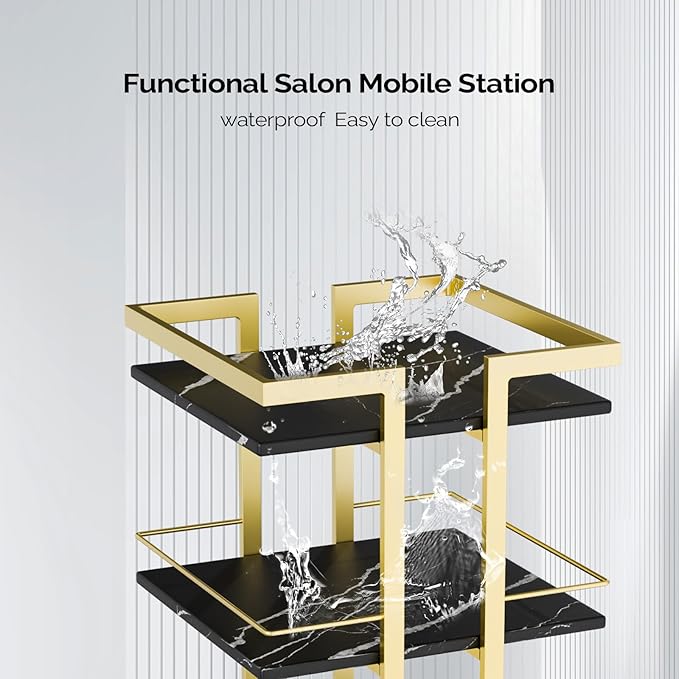 Esthetician Cart with Wheels Utility Salon Rolling Trolley, Black Gold Mobile Storage Organizer for Beauty Spa Cosmetology Massage, Tattoo Manicure Facial Tool Holder Station