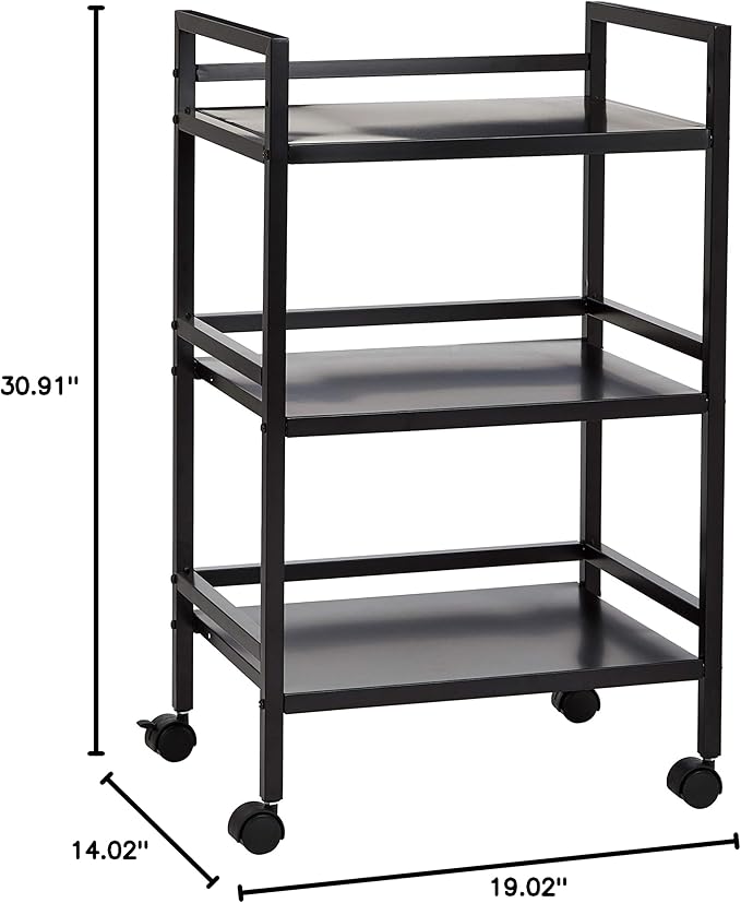 Amazon Basics 3-Tier Metal Rolling Utility Cart, Storage Organizer, Multifunctional Storage, Mobile Shelving, Black