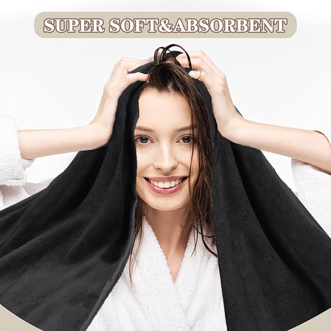 SUNLAND Microfiber Hair Towels Anti Frizz Hair Drying Towel Super Absorbent Fast Drying Turbans for Wet Curly Hair Soft Hair Towel Wrap with Elastic Band for All Hair Types 40 X 20 inches 2Pack Black