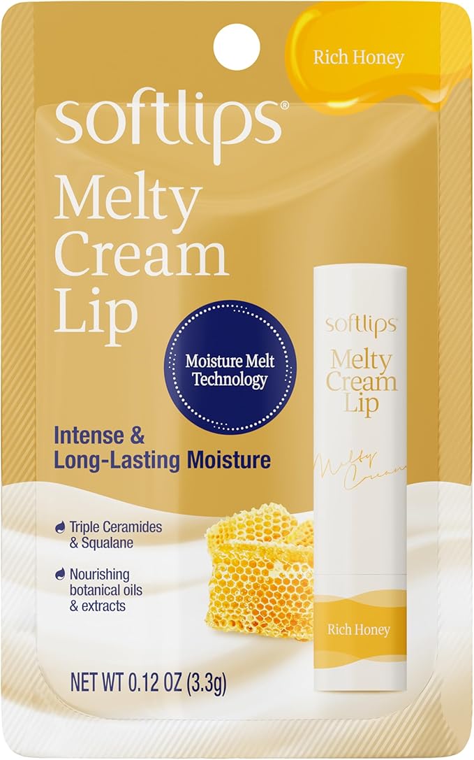 Softlips Melty Cream Hydrating Lip Balm, Honey Flavor, Long-Lasting Moisturizing Care for Everyone with Dry, Chapped Lips, Smooth Non-Sticky Finish, 0.12 oz