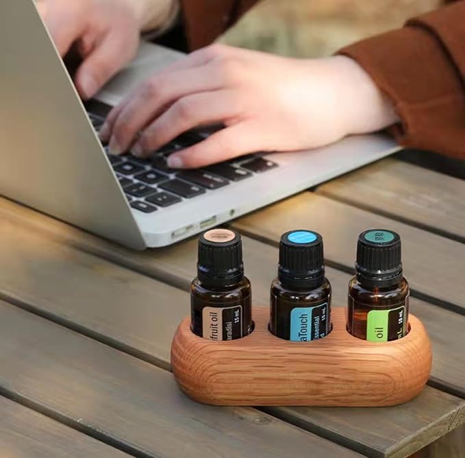 VolksRose Red Oak Essential Oil Organizer 5~20ml - 3 Bottle Wooden Oil Holder - Display Stand for Travel & Home, Storage Rack for Essential Oils, Nail Polish, Perfume, Compact Shelf for Tabletop