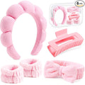 SPA Headbands and Wristband Set for Face Washing with Clear Bag Cute Skincare Makeup Headband Wrist Bands Hair Clips for Women Teenage Girls Gifts Trendy Stuff Pink