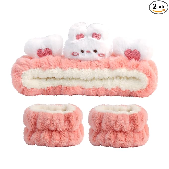 PERFECTSIGHT Kawaii Headband for Spa, Makeup, Washing Face, Party - 2 Pack Cute Hair and Wrist Band for Shower Beauty Skincare, Soft Facial Headbands for Girls and Women, Coral Rabbit