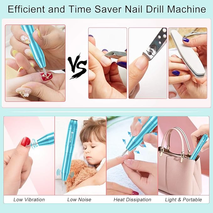 COSITTE Electric Nail Drill,USB Electric Nail Drill Machine for Acrylic Nail Kit,Portable Electric Nail File Polishing Tool Manicure Pedicure Kit Efile Nail Supplies for Home Salon,Sky Blue