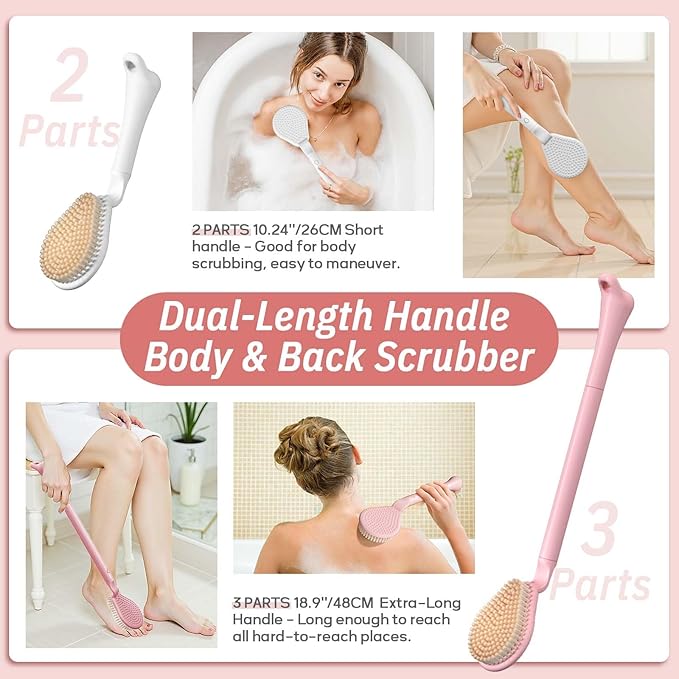Back Scrubber for Shower, 19’’ Detachable Long Handle Shower Body Scrubber for Wet or Dry Brush, Adjustable 2-in-1 Back & Body Brush with Medium Soft Bristles for Deep Cleaning(Pink)