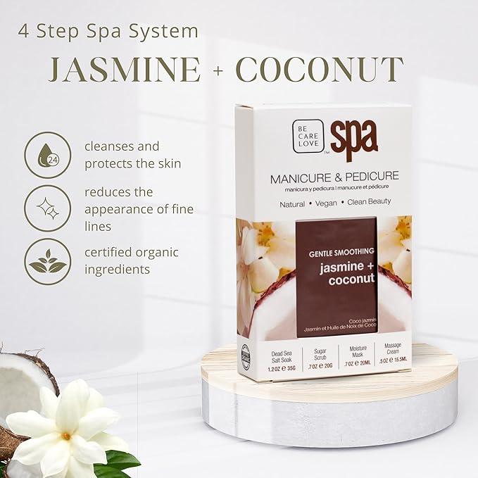 BCL Spa Jasmine + Coconut Professional Pedicure Kit Foot Spa Set – Exfoliate, Hydrate & Refresh Skin | Dead Sea Salt Soak, Sugar Scrub, Moisture Mask & Massage Cream | Professional & Home Uses