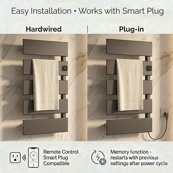 Electric Towel Warmer, Heated Towel Rack with Thermo Control and Timer, Fast Heating Towel Rail for Bathroom with Memroy Function, Work with Smart Plug, Right-Wiring, 5 Panel, Gun Gray