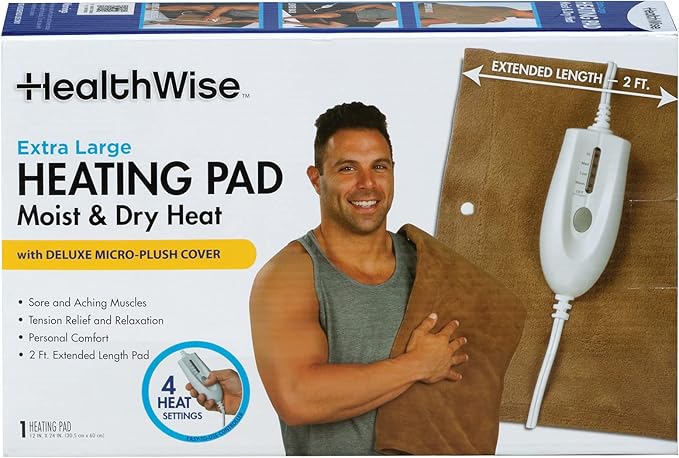 HealthWise Deluxe Extra Large 12” x 24” Heating Pad with Moist & Dry Heat | Four-Heat Settings | Soothing Warm Relief