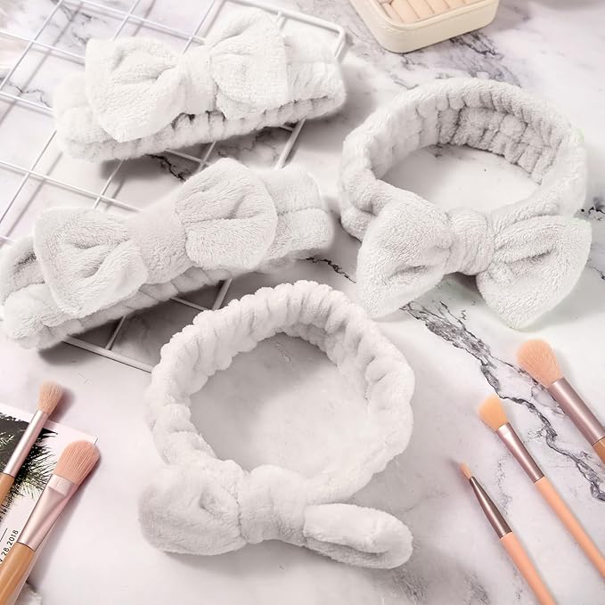 Tigeen 52 Pieces Spa Headband for Washing Face Bulk Soft Coral Fleece Skincare Headband, Bow Makeup Cosmetic Hairband Fluffy Shower Spa Essentials for Girls Women Slumber Supplies(White,Solid Series)