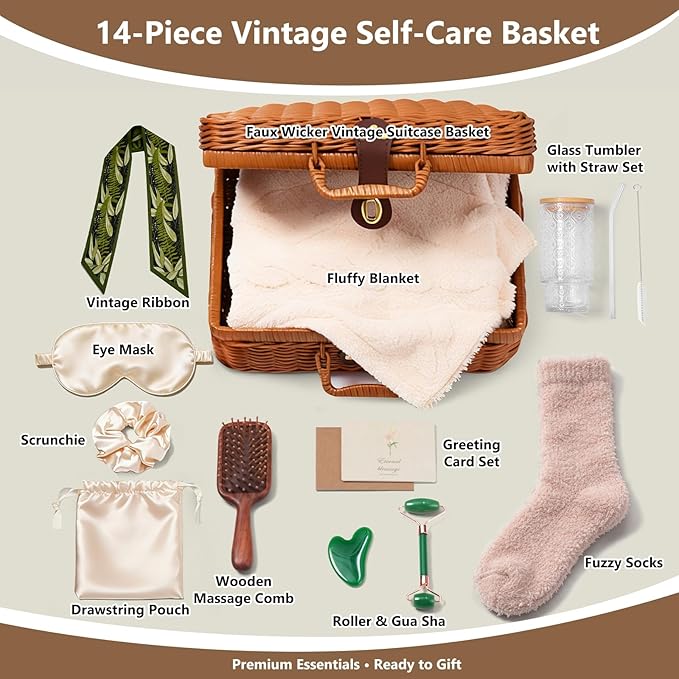 14-Piece Vintage Self-Care Gift Basket for Women for Mom, Relaxing Spa Care Package with Blanket, Glass Tumbler, Birthday Gifts for Women, Wife, Sister, Best Friend