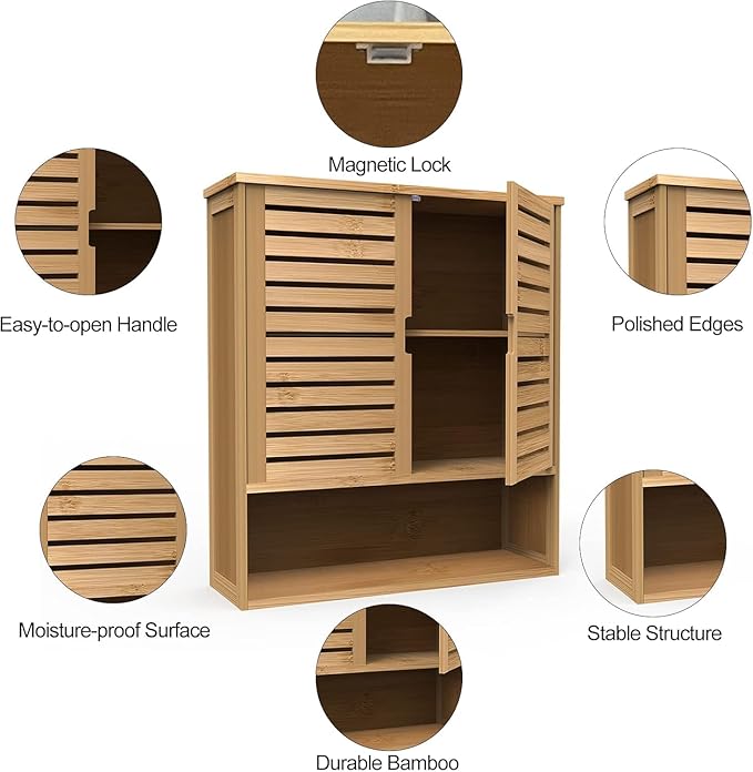 Bathroom Wall Cabinet, Bamboo Storage Cabinet Wall Mounted, Wall Hanging Cabinet with 2 Doors & 3 Tier Shelves