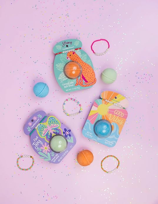 CAIT + CO "Strong Bath Bomb & Friendship Bracelet Gift Set Coconut Milk Scented Orange Bath Fizzle (3.5 oz) with Beaded STRONG Bracelet - Empowering & Relaxing Gift for Teens, Women