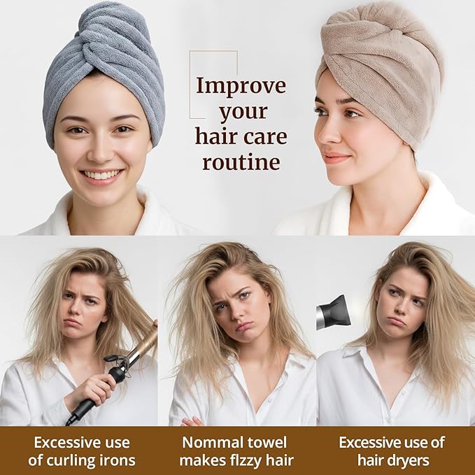 Hair Towel Wrap for Women - 3 Pack Plush Yarn Turbo Twist Hair Towels, Highly Absorbent Turban Towel for Wet Hair, Quick Drying Plopping Towels for Long Thick Curly Hair