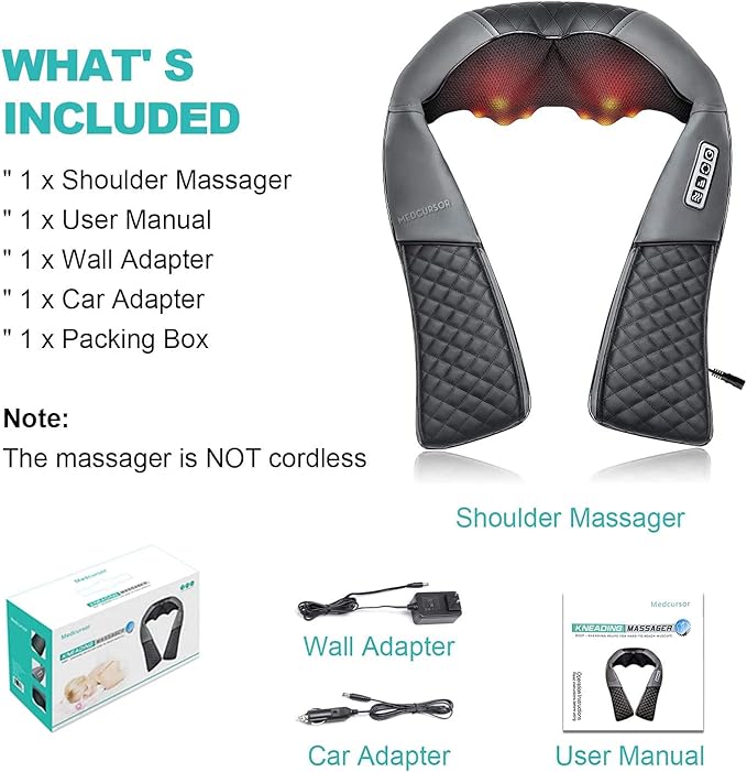 Medcursor Neck Massager, Portable Electric Shiatsu Back Massage Device with Heat, Deep Tissue 3D Kneading Pillow for Muscle Pain Relief, Mother’s Day Gift (No Battery)