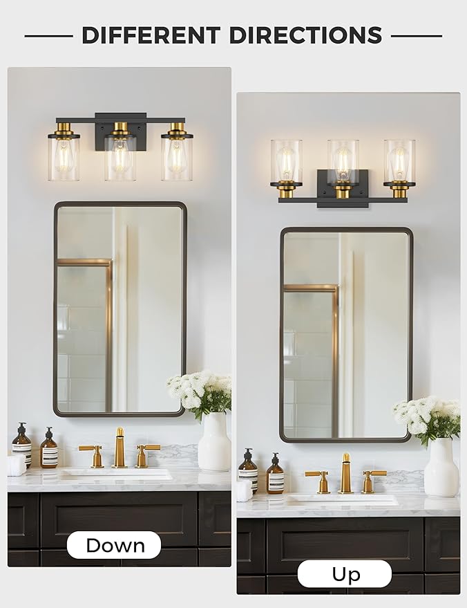 L LOHAS LED 3-Light Black and Gold Bathroom Light Fixtures, 20 Inch Modern Vanity Lights Over Mirror with Clear Glass Shade, Vanity Lights for Bathroom, ETL Listed