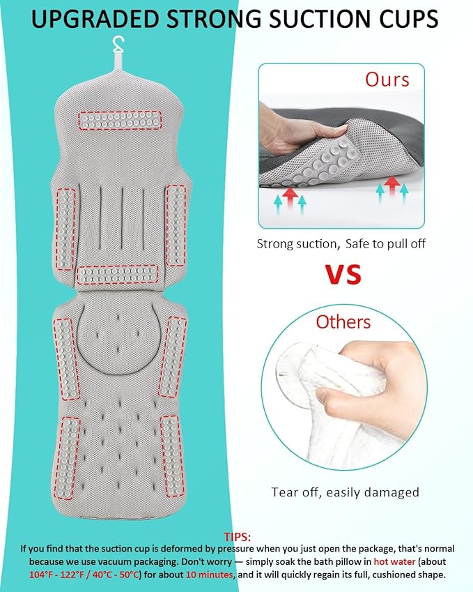 Full Body Bath Pillow for Bathtub, 5D Thick Tub Pillow for Bathtub with 192 Non-Slip Suction Cups, Laundry Bag & Hook, Bathtub Pillow for Head, Neck & Back Support (Gray, 51"*15")