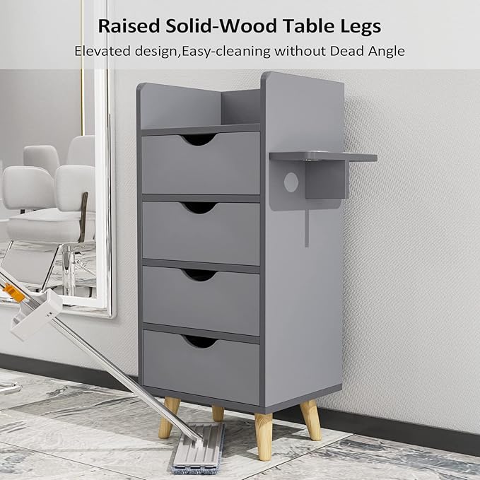 OmySalon Salon Station, 4 -Layer Beauty Barber Salon Styling Station Organizer Equipment, Hair Stylist Storage Cabinet with 2 Hair Dryer Holders, 4 Drawers and Raised Table Legs, Grey