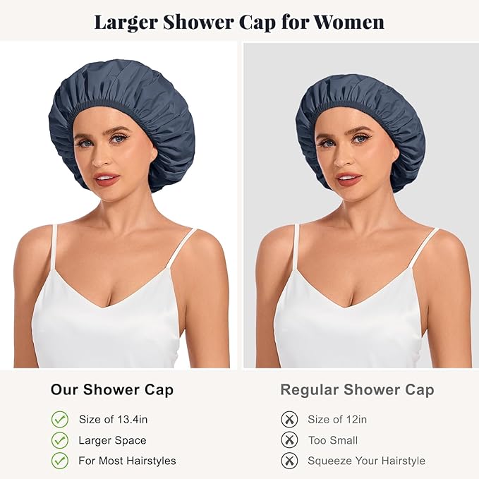 Shower Cap for Women Waterproof Reusable, Large Shower Cap Non-Slip with Elastic Band, Washable Bath Hair Hat for Long Hair, Braids (Navy Blue)