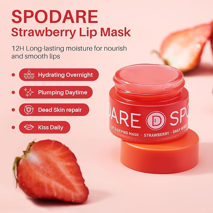SPODARE Sleeping Lip Mask Strawberry - Overnight Lip Treatment, Lip Care Hydration, Repair for Dry Cracked Lips, Vitamin C, Soft and Nourished Lips Overnight, Christmas, with Shea Butter - 20g