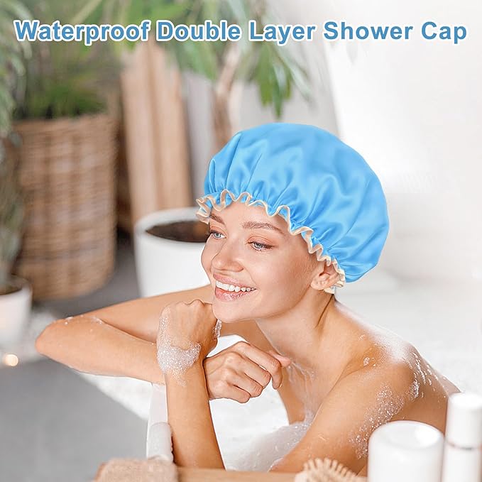Waterproof Shower Caps for Women, Solid Color Dual-Layer Elastic Band Design Bath Hair Hat, Protects Hair In Shower, Spa, Cooking, Clean & Travel (Blue)
