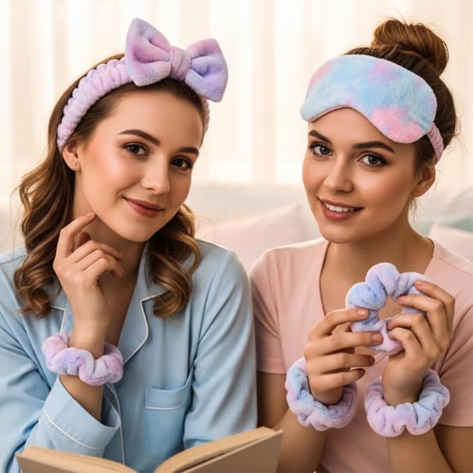 Hoteam 10 Pcs Spa Party Supplies Gift for Mother's Day Sleepover Party Favor Spa Headband Wristband Sleep Eye Mask Velvet Scrunchies for Skin Care Makeup Slumber Night Favor(Tie Dye)