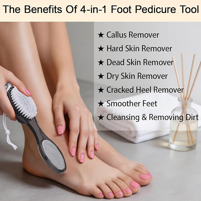Foot Brush and Pumice Stone for Feet, 4-in-1 Foot File Callus Remover, Feet Scrubber Brush, Rasp and Sand Paper Pedicure Tools, Multi Purpose for Home Foot Care, 2 Pcs, Clear Black and Pink