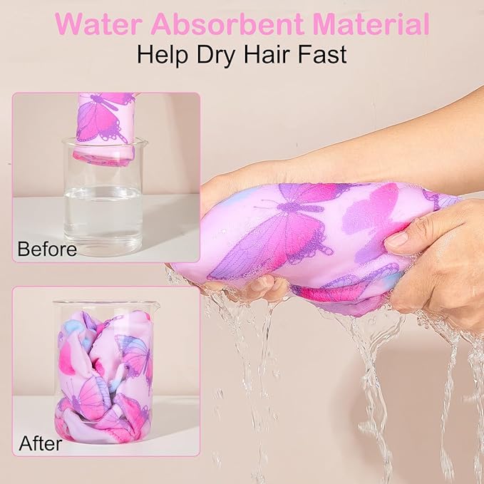 Basumee Microfiber Hair Towel Wrap for Kids 2 Pack - Rapid Drying Turbans With Button for Wet Hair - Head Towel Wrap for Women and Girls, Blue Pink Butterfly