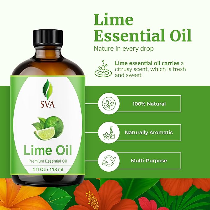 SVA Lime Essential Oil – 4 Fl Oz – 100% Natural Lime Oil - for Diffuser, Hair Care, Face, Skin Care, Aromatherapy, Scalp and Body Massage, Soap and Candle Making - with Dropper