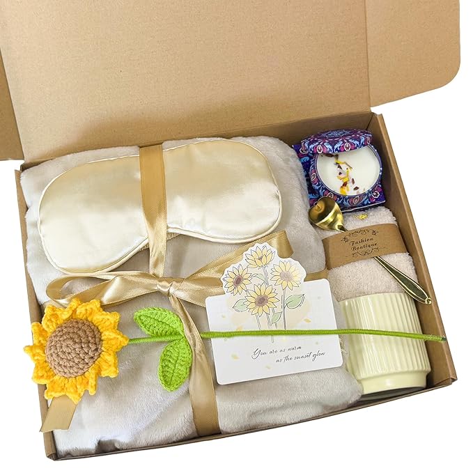 Sunflower Gift Baskets for Women, Self Care Package with Shoulder Wrap, Socks, Candle, Mug & Greeting Card - Birthday, Get Well, Thinking of You Gifts for Mom Wife Best Friend - Light Camel