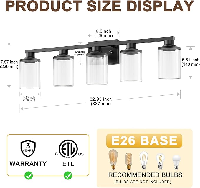 L LOHAS LED 5-Light Bathroom Light Fixtures Over Mirror, Black Bathroom Vanity Lights with Clear Glass Shade, Modern Vanity Lights for Bathroom Living Room Hallway Bedroom