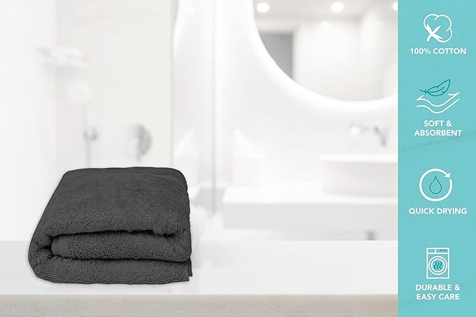 Large Bath Towels Bulk Set of 12 – 100% Cotton Terry – 24" x 50" – Quick Dry, Soft & Highly Absorbent – Charcoal Grey Towels for Bathroom, Gym, Spa, Pool & Daily Use