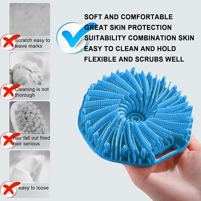 RamPula Silicone Body Scrubber, Silicone Loofah, Quick-Dry Exfoliating Body Brush for Wet or Dry Brushing, More Hygienic Than Traditional Loofah, Medium-Bristle Brush, Blue and Purple