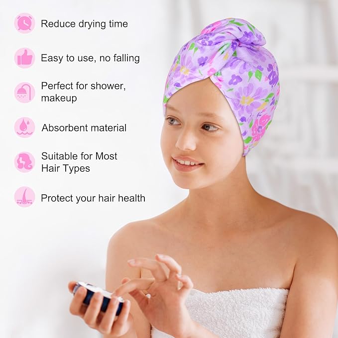 Basumee Microfiber Hair Towel Wrap for Kids 2 Pack Rapid Drying Hair Towel with Button Hair Turbans for Wet Hair Wraps Head Towel Wrap for Women and Girls