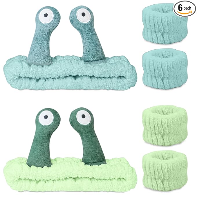 Snail Face Wash Headband Skincare & Wrist Bands for Washing Face Set Cute Spa Headband for Women and Wrist Faces Wash Bands for Shower, Facial Cleaning, Soft Coral Fleece Makeup Headbands,Green