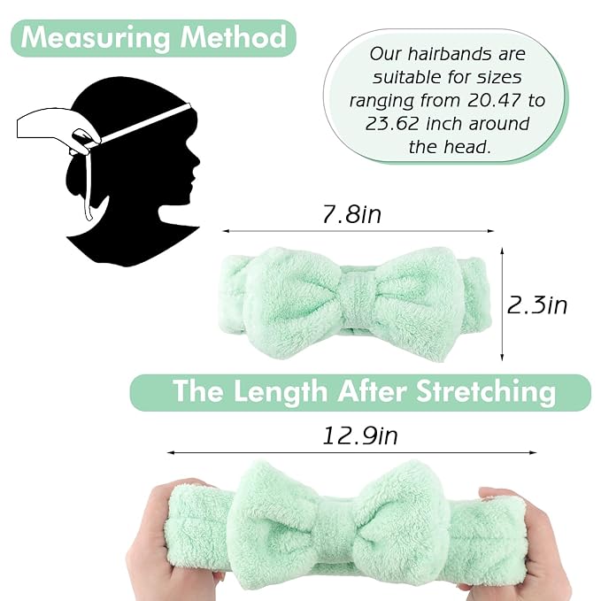 Zkptops 6Pcs Spa Headband for Washing Face Wristbands Set Women Bubble Makeup Sponge Terry Cloth Padded Puffy Headband Bow Tie Skincare Hairband Cute Non Slip Thick Hair Accessory Gifts (Light Green)