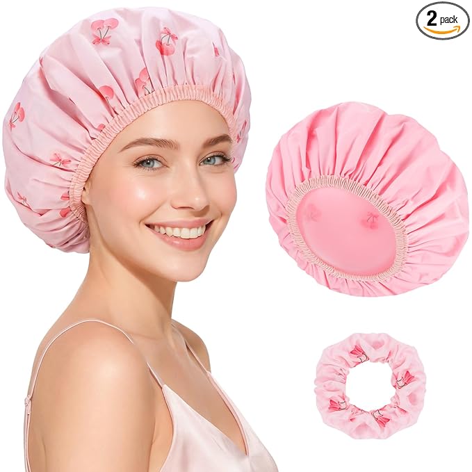 Large Double-Sided Shower Cap for Women, 2-in-1 Reusable Waterproof Cherry Print Bath Cap Pink Mothers Day Gifts from Daughter for Mom Women Girls Long Thick Hair