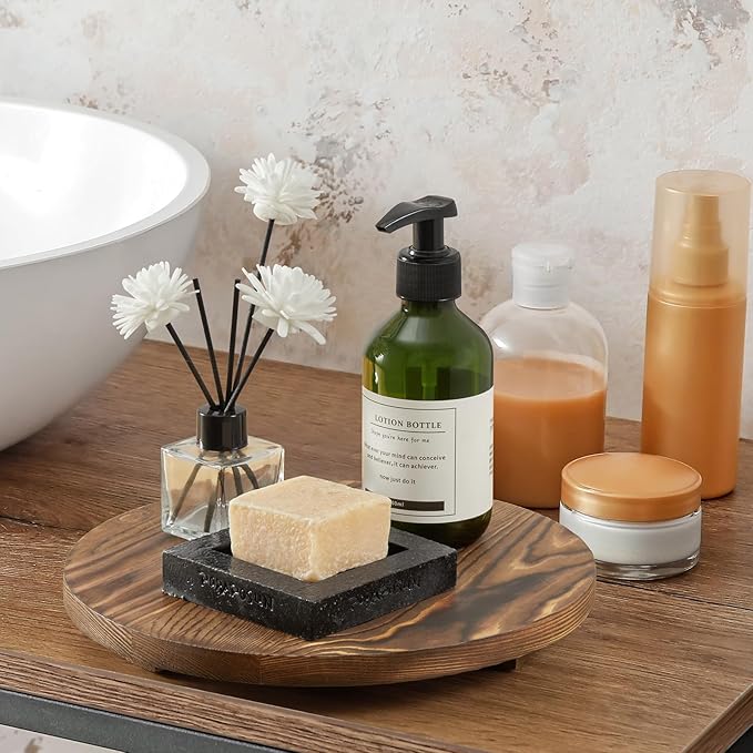 Round Decorative Tray Burnt Wood Bathroom Counter Organizer Pedestal Stand Farmhouse Kitchen Decor Wooden Riser for Soap Dish, Perfume, Candle, Sponge, 10" - Brown