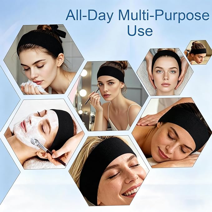 160 Count Disposable Spa Headbands for Women - Individually Wrapped Facial Headbands for Skincare, Makeup & Estheticians - Stretch Non-Woven Hair Bands for Salon & Home (Black)