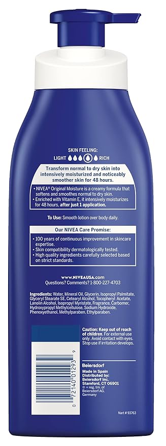 NIVEA Original Moisture Body Lotion with Vitamin E,48-Hour Body Moisturizer for Normal to Dry Skin,16.9 Fl Oz Pump Bottle, (Pack of 2)