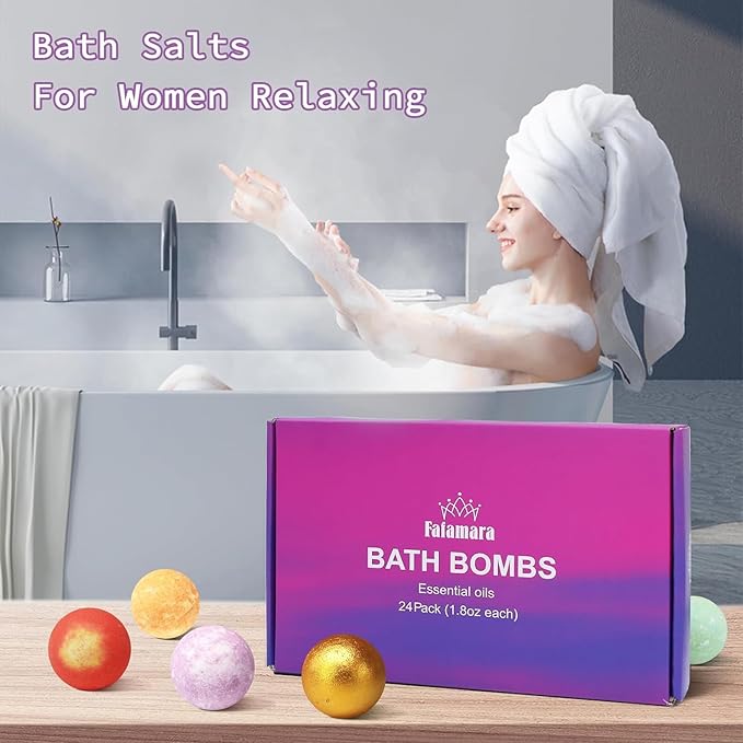 Fafamara Bath Bombs Gift Set - 24 Pcs Handmade, Natural & Organic Essential Oil Bubble Bath for Women and Girls